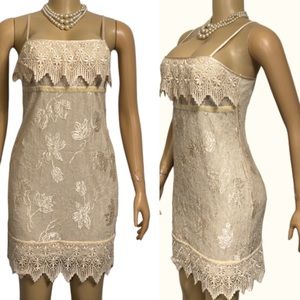Vintage Sue Wong Gatsby Dress Floral Lace Lined champagne tan Embroidered size S